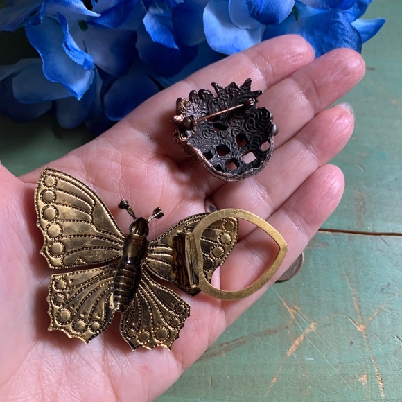 🦋 Vintage Pins - Antiqued Butterfly Clip - Antiqued Flower Basket - Old Pins - Picture 4 of 7